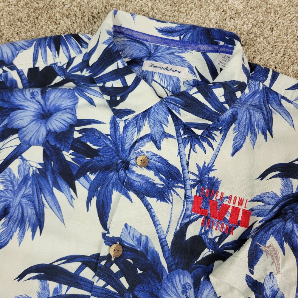 Tommy Bahama Super Bowl LVII Mens Large White Blue AOP Floral Hawaiian 100% Silk